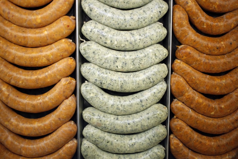 Sausages at a meat counter inside a Kroger grocery store in Louisville, Kentucky.