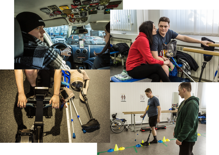 Clockwise from top left: Volodymyr Dziubynskyi driving in Kyiv with his fiancée, Oksana Oliinyk, before taking part in a physical rehabilitation session in November. Training on a rowing machine at a gym in Bucha, outside Kyiv, in December. 