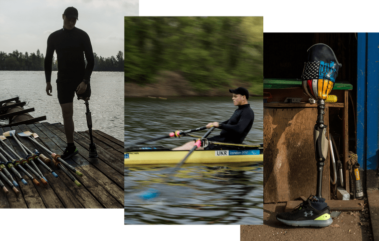 Ukrainian rower Volodymyr Dziubynskyi training on the Dnieper River in April.