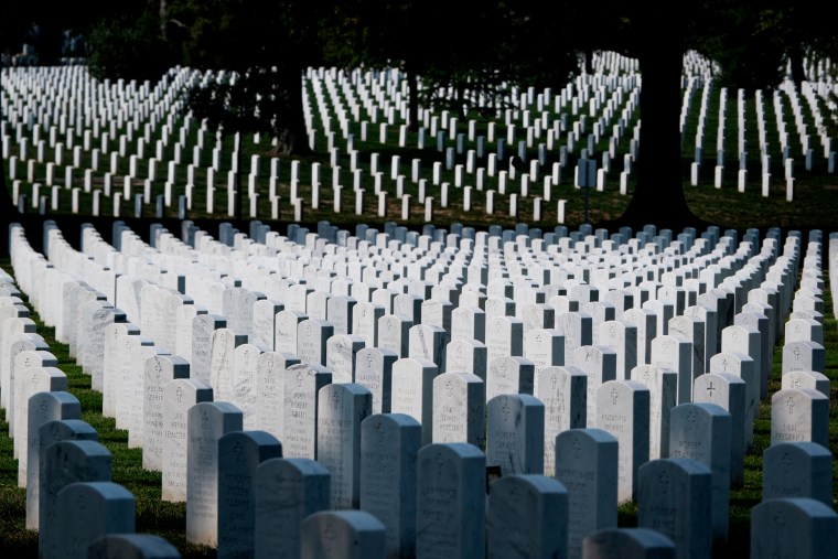 Headstones line the rolling hills of Arlington National Cemetery where Republican presidential nominee and former U.S. President Donald Trump attended a ceremony on Monday in Arlington, Virginia.