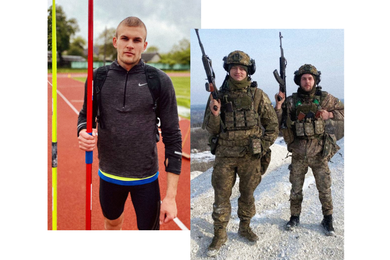 Undated images of former Ukrainian decathlete Volodymyr Androshchuk during track-and-field training, and fighting on the front lines with comrade Volodymyr Dziubynskyi.