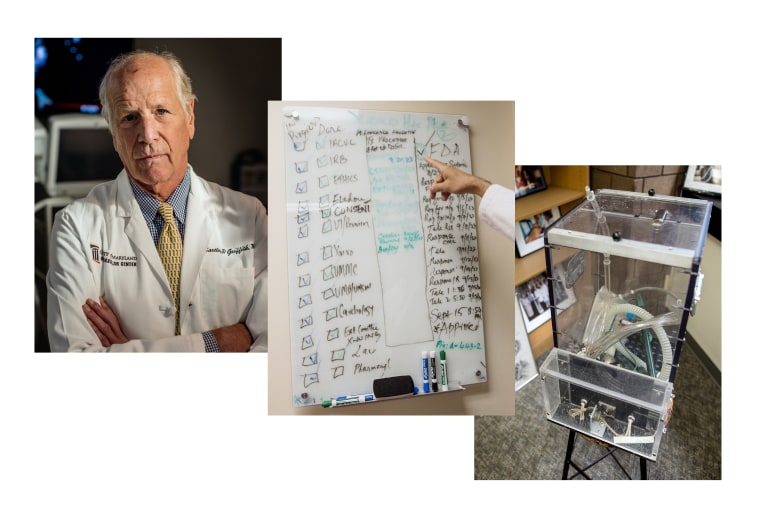 Left: Dr. Bartley Griffith at the University of Maryland School of Medicine. Middle: Inside the office of Dr. Muhammad Mohiuddin, the director of the Cardiac Xenotransplantation Program at University of Maryland, a checklist of approvals needed to perform a pig organ transplant. Right: The box that Griffith and his colleagues created to transport a human heart.