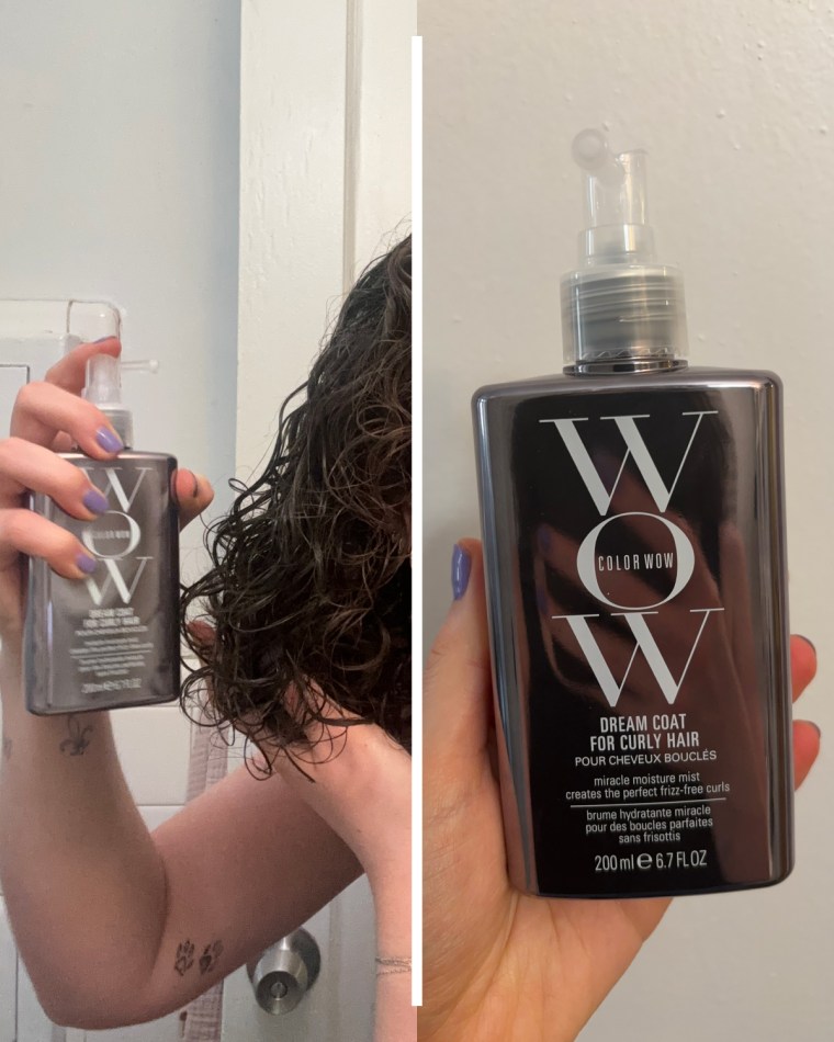 Woman sprays a bottle of Color Wow’s Dream Coat for Curly Hair onto her damp curly hair.