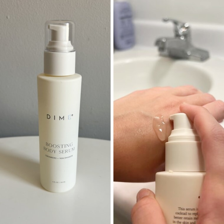 On the left, the Dime Boosting Body Serum sits on a white table. On the right, a woman dispenses the clear serum on her left hand.