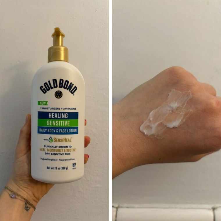 On the left, a woman holds a bottle of Gold Bond Healing Sensitive Daily Body & Face Lotion in her hand. On the right, she swatches the lotion on her hand.