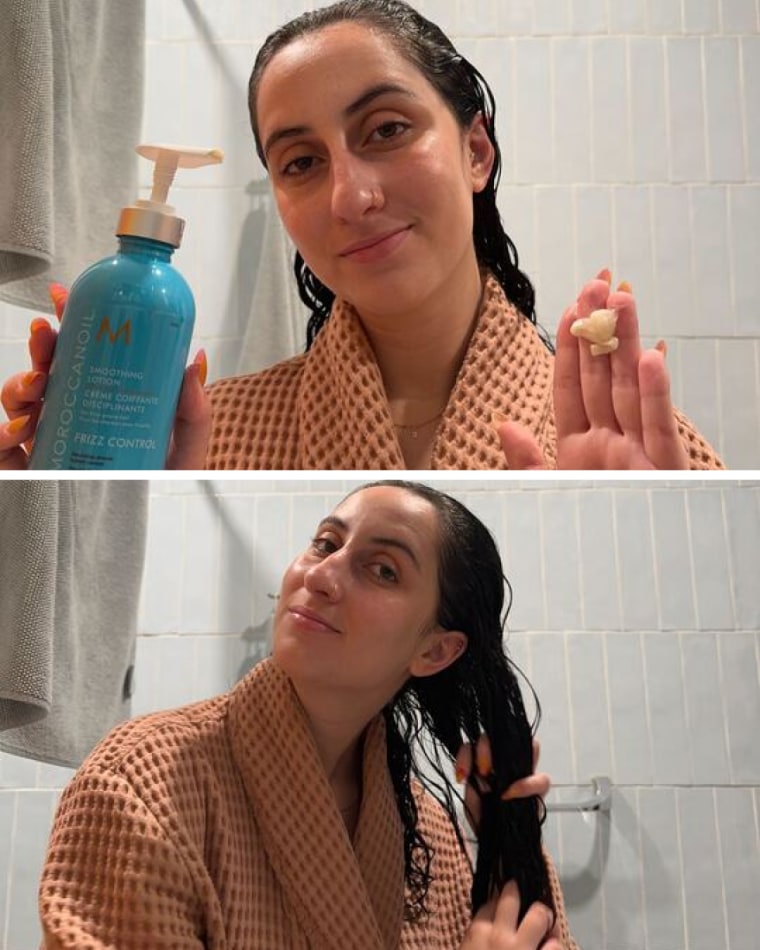 On the left, a woman shows a bottle of Moroccanoil Smoothing Lotion with a pump of the lotion on her hand. On the right, she uses that pump and works it into her damp hair.