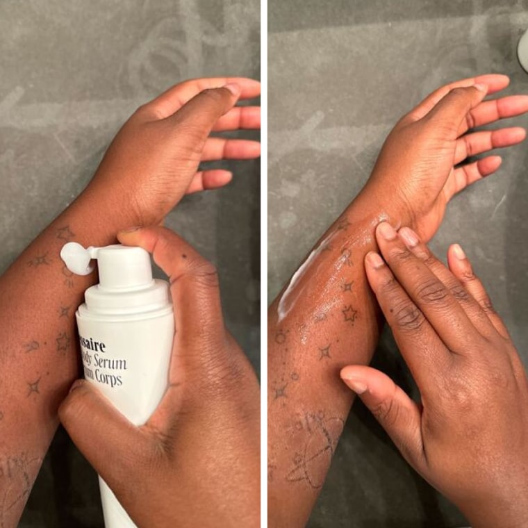 On the left, a woman pumps the Nécessaire body serum on her arm. On the right, she massages the serum into her skin.