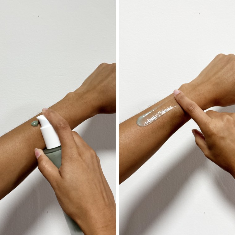 Woman pumps a dollop of Osea’s green body serum onto her left arm. On the right, she swatches serum on her arm.