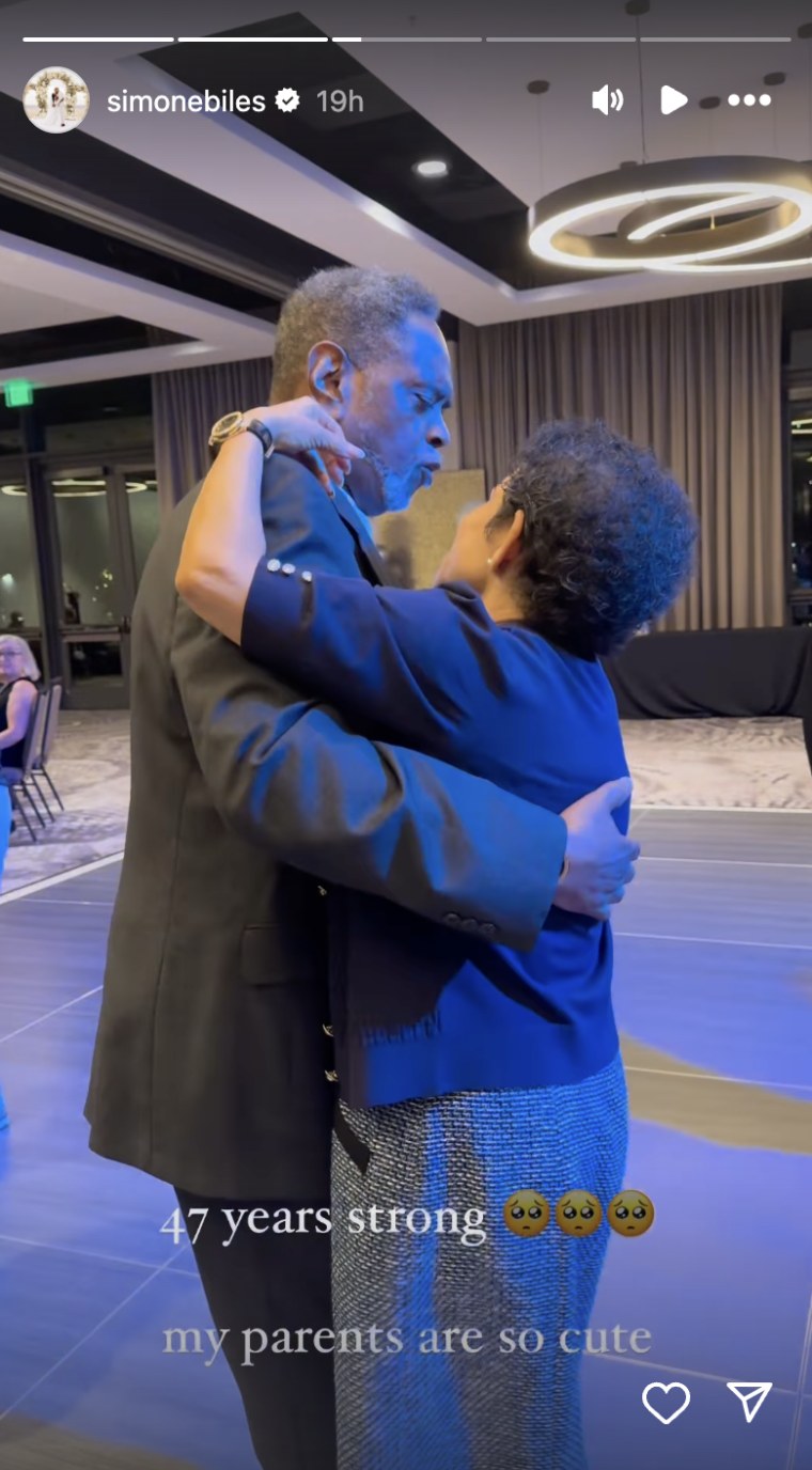 Simone Biles shares picture of her parents dancing.