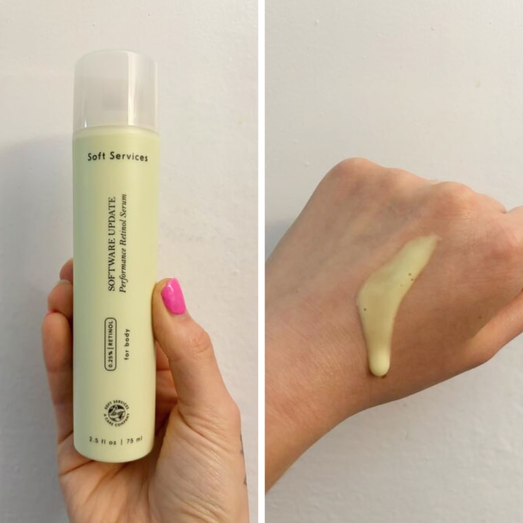 On the left, a woman holds up her Soft Services body serum. On the right, she dispenses the liquid-like lime green serum onto her hand.