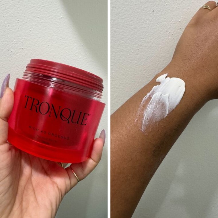 On the left, a woman holds a tub of Tronque’s Firming Body Butter uncapped, showing the thick cream. On the right, she swatches it on her arm.