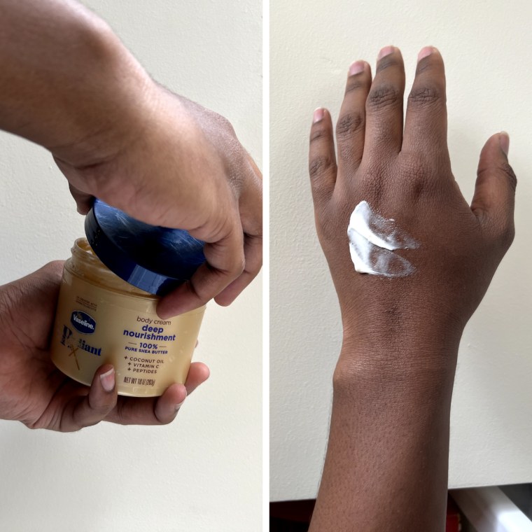 On the left, a man opens a tub of Vaseline Radiant X Deep Nourishment Body Cream. On the right, he swatches the thick cream on his hand.