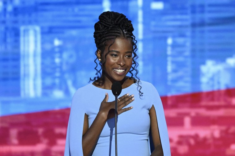 Amanda Gorman speaks on the third day of the Democratic National Convention (DNC) at the United Center in Chicago on Aug. 21, 2024. 