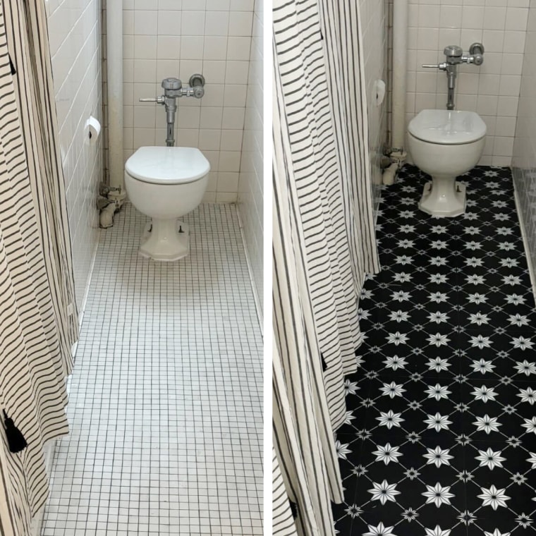 Bathroom floor with peel and stick tiles.