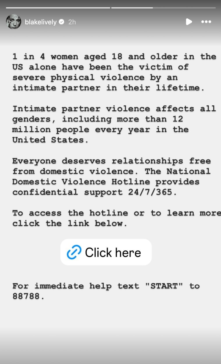 Blake Lively shares statistics about domestic violence statistics and how people can get help.