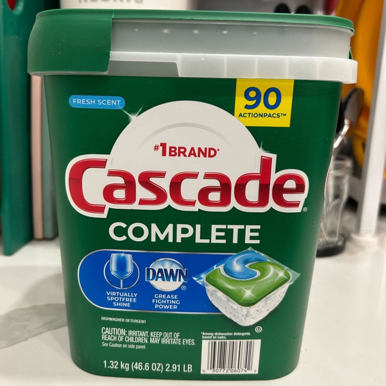 Large container of Cascade Complete dishwasher detergent pods