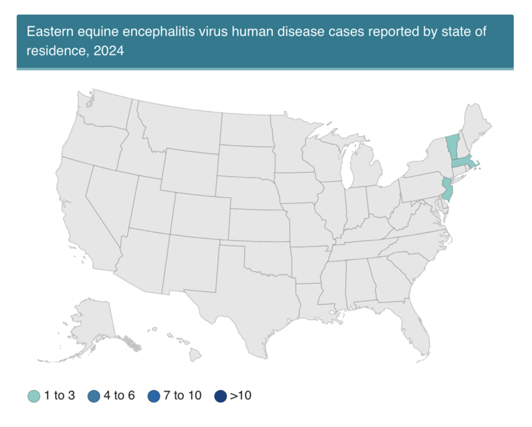 Human cases of eastern equine encephalitis virus disease reported by state of residence, 2024.