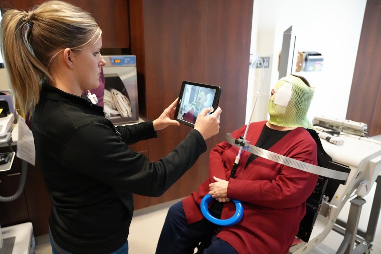 A special mask kept Hensley’s head still during proton therapy treatments.