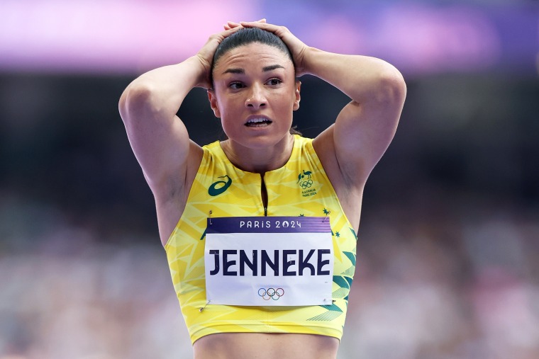 Michelle Jenneke of Team Australia reacts after competing in the Women's 100m Hurdles.