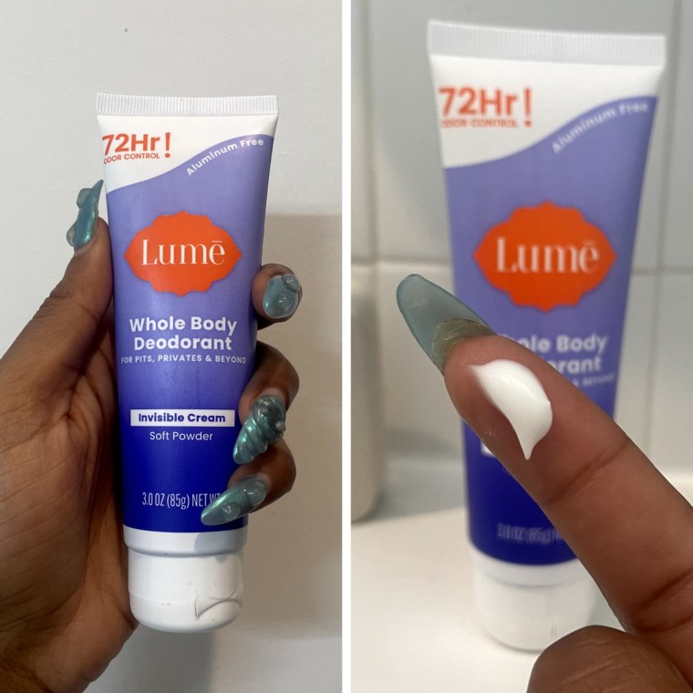 Left - Hand with blue nails holding a tube of cream formula Lume Whole Body Deodorant in Soft Powder against a white wal.

Right - A finger with a small dollop of Lume Whole Body Deodorant at the tip, in front of a tube of Lume Whole Body Deododrant and a trio of air freshener sticks, against a tiled bathroom wall.