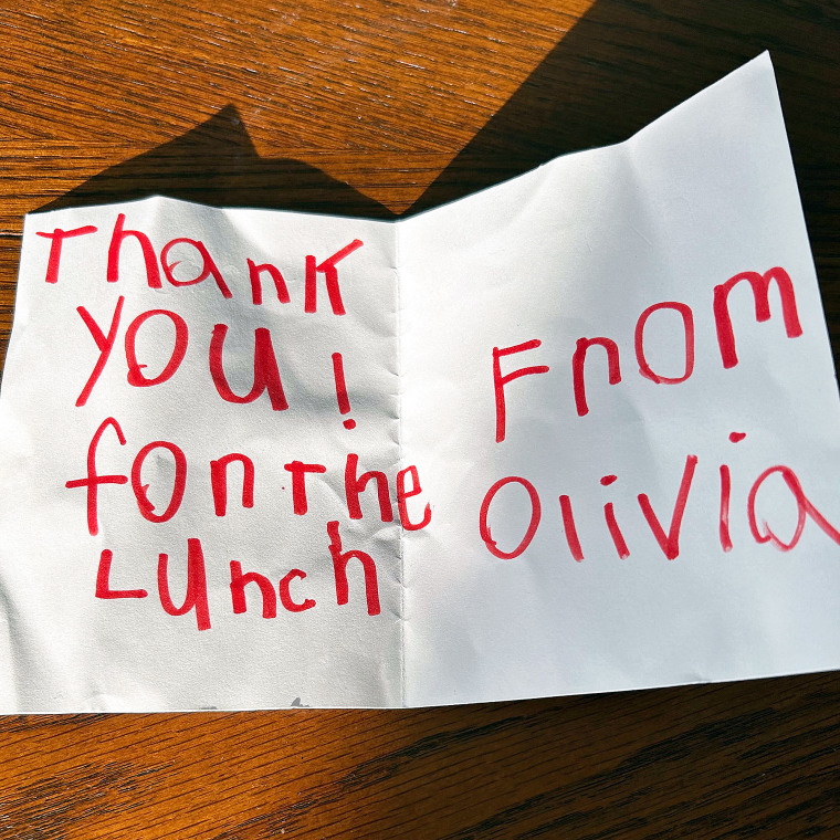 Olivia's note now hangs on Sarah Fiacco's bathroom mirror. 