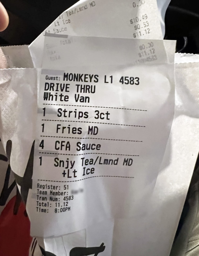 A photo of the receipt from Marquise Vanzego's Chick-fil-A drive-thru order.