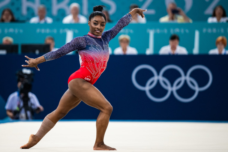 Simone Biles during the gymnastics women's floor exercise final on day 10 of the Olympic Games Paris 2024 at the Bercy Arena on Aug. 5.