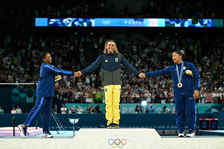 Simone Biles (silver), Brazil's Rebeca Andrade (gold) and US' Jordan Chiles 