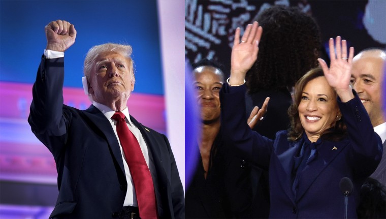 Donald Trump en la Convención Republicana en Milwaukee, izq., y Kamala Harris en la Convención Demócrata en Chicago. 