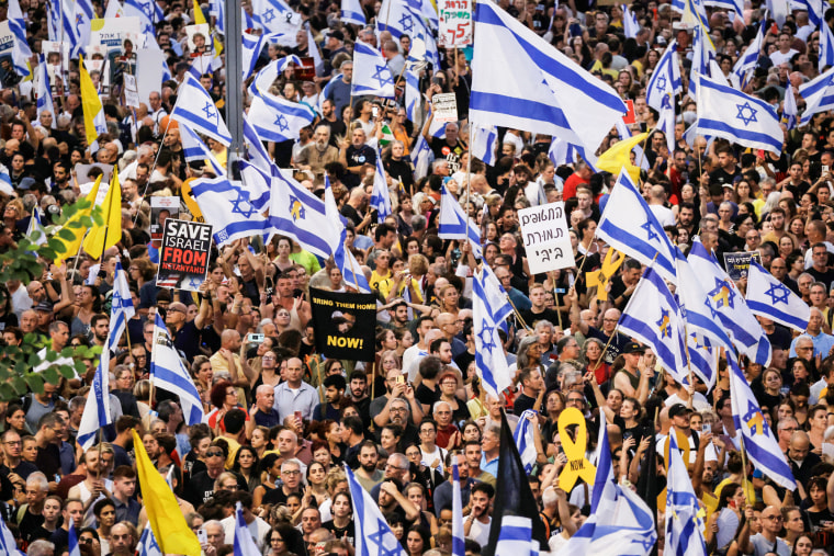 A wide shot of a large group of protestors holding signs and Israeli flags