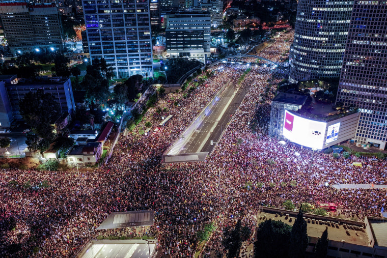 Protest against the government and in support for the hostages who were kidnapped during the deadly October 7 attack, in Tel Aviv