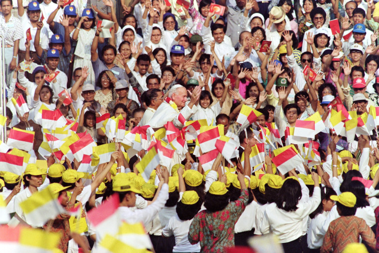 Pope John Paul II is acclaimed by a cheering crowd