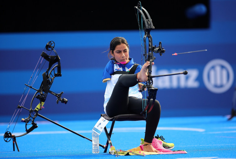 Sheetal Devi of Team India competes in the women's individual compound open 1/8 elimination match at the 2024 Summer Paralympic Games in Paris.