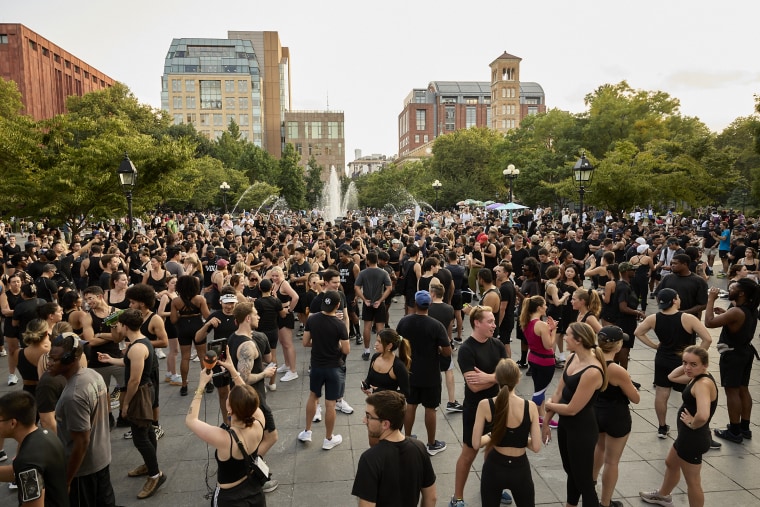 People meet up in Washington Square Park before the Lunge Run Club on Aug. 28, 2024 in New York.