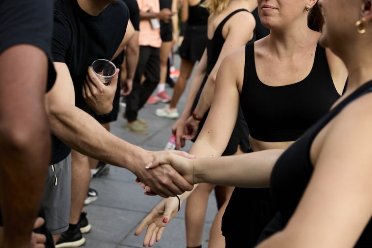 Runners meet up in Washington Square Park  before the Lunge Run Club run on Aug. 28, 2024 in New York.