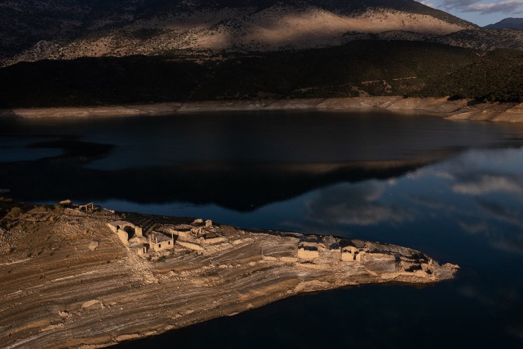 Abandoned buildings of the sunken village of Kallio in western Greece have recently re-emerged after the level of the artificial lake of Mornos, Athens' main reservoir, dropped considerably due to a prolonged drought.