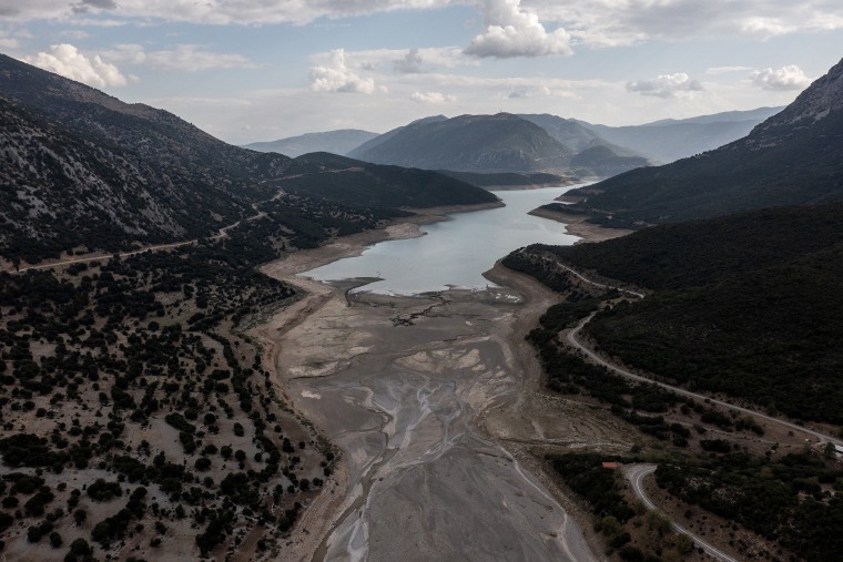 Abandoned buildings of the sunken village of Kallio in western Greece have recently re-emerged after the level of the artificial lake of Mornos, Athens' main reservoir, dropped considerably due to a prolonged drought. 