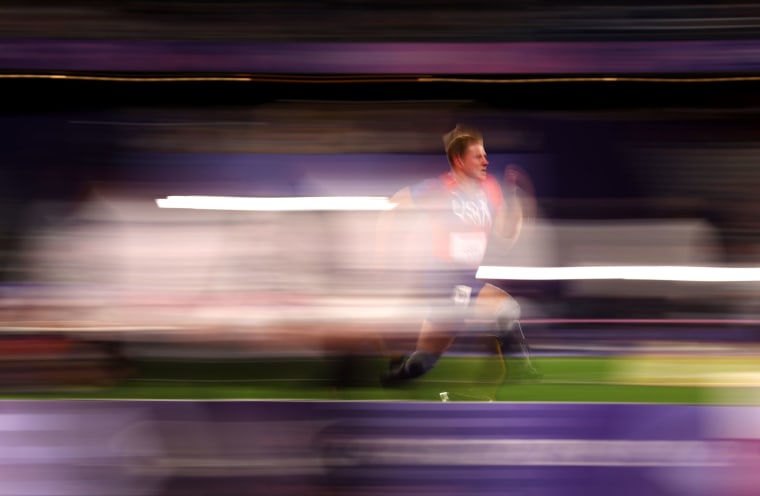 Hunter Woodhall during the 4x100m Universal Relay on day nine of the Paris 2024 Summer Paralympic Games at Stade de France on September 06, 2024.