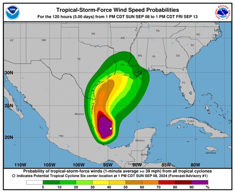 Potential Tropical Cyclone Six Wind Speed Probabilities