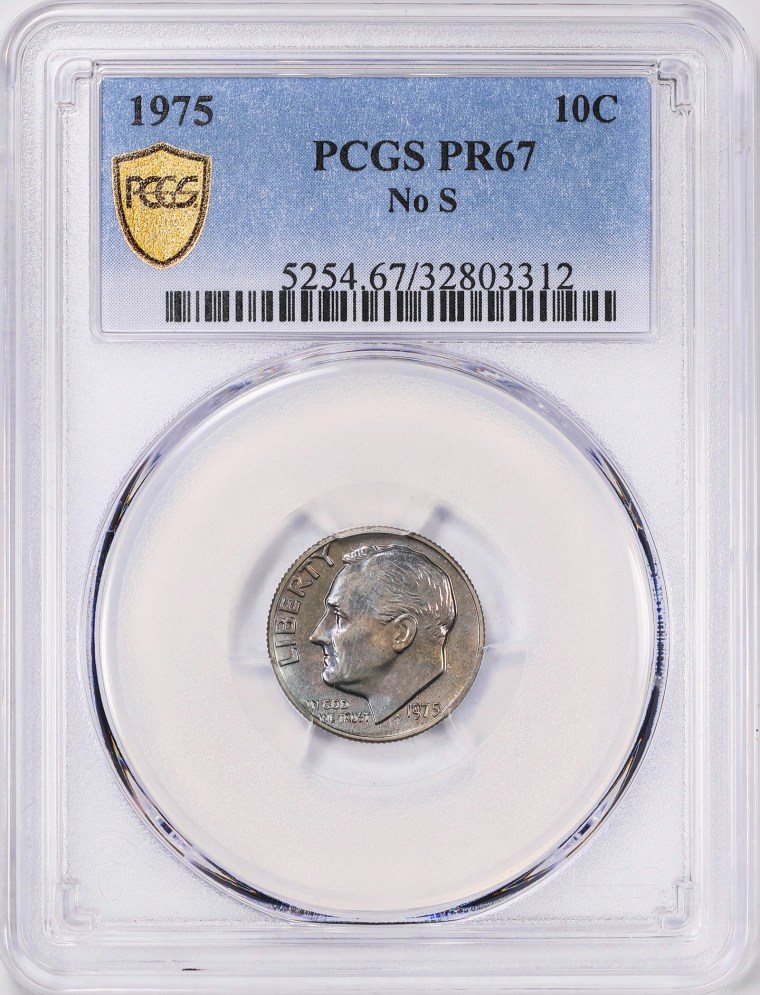 A scan of a 1975 proof set dime mistakenly made without the San Francisco Mint’s letter S mintmark.