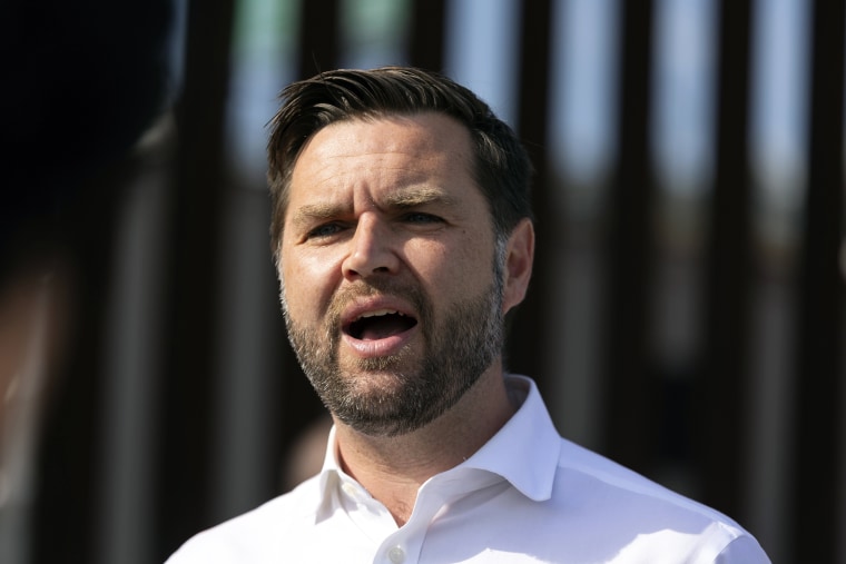 Sen. JD Vance, R-Ohio, speaks at the U.S. border with Mexico on Friday, Sept. 6, 2024, in San Diego. 