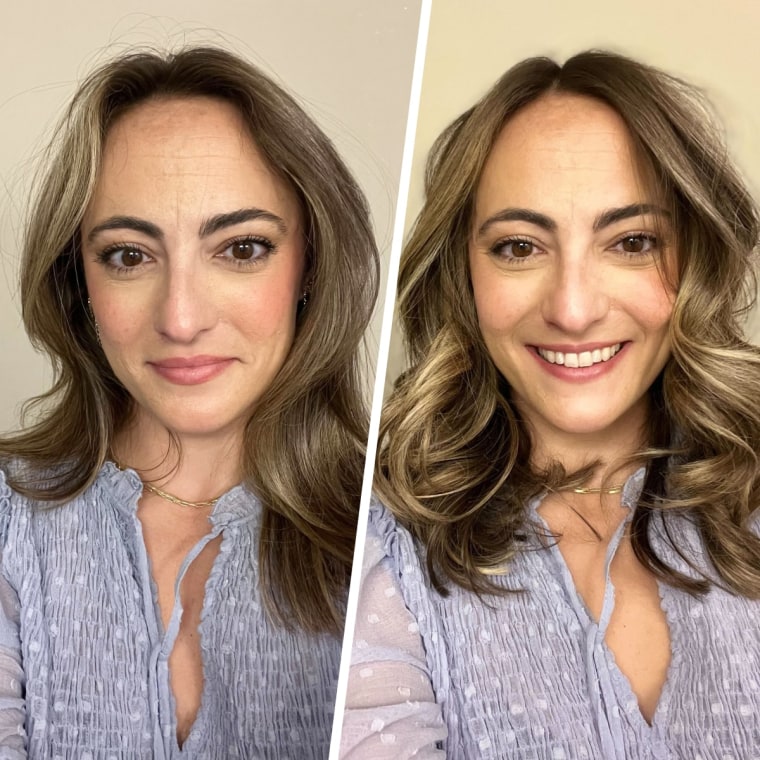 Murphy before curling her hair with the Dyson Airwrap and after.