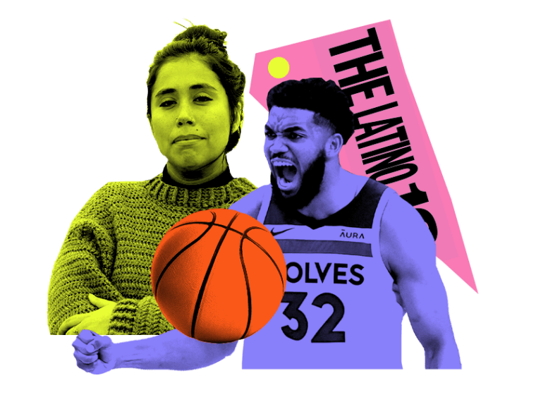Photo collage of two people with green and purple overlays; alongside image of a basketball and text that reads: "The Latino 10" inside of a pink shape