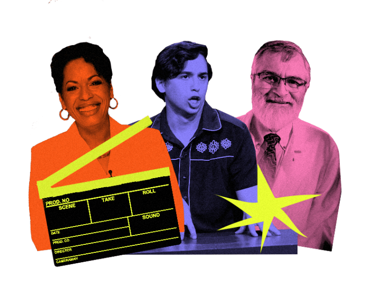 Photo collage of three faces with orange, purple, and pink overlays; includes an illustration of a film "slate" and a handdrawn star