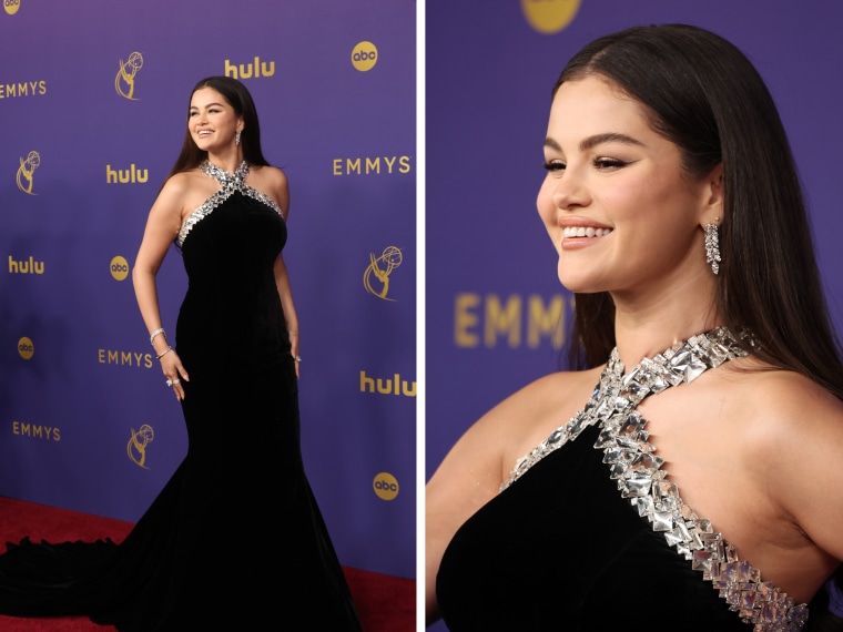 A radiant Selena Gomez arrives at the Emmy Awards.