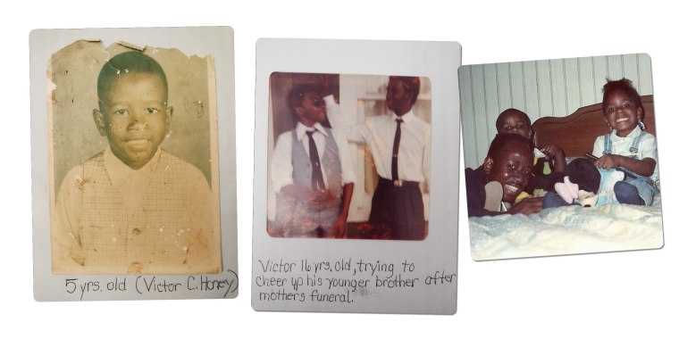 Photos of Victor Honey at 5 years old; at 16 years old with his younger brother; as an adult with his two young children. 