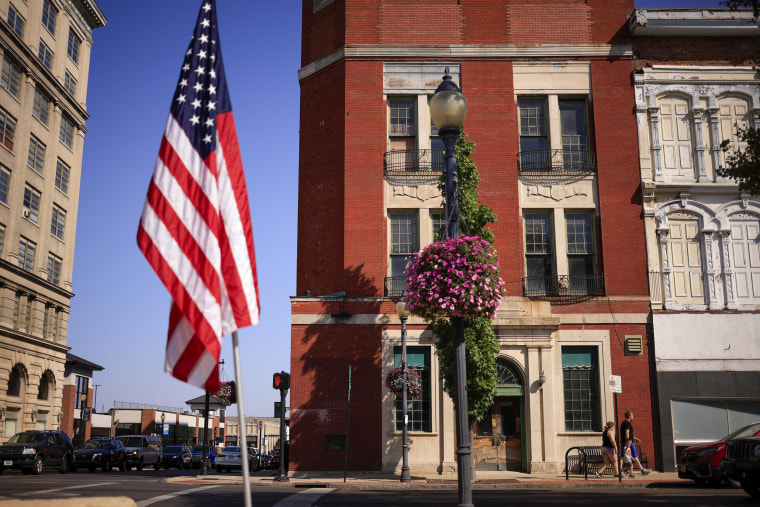 A U.S. flag in a street of Springfield, Ohio.