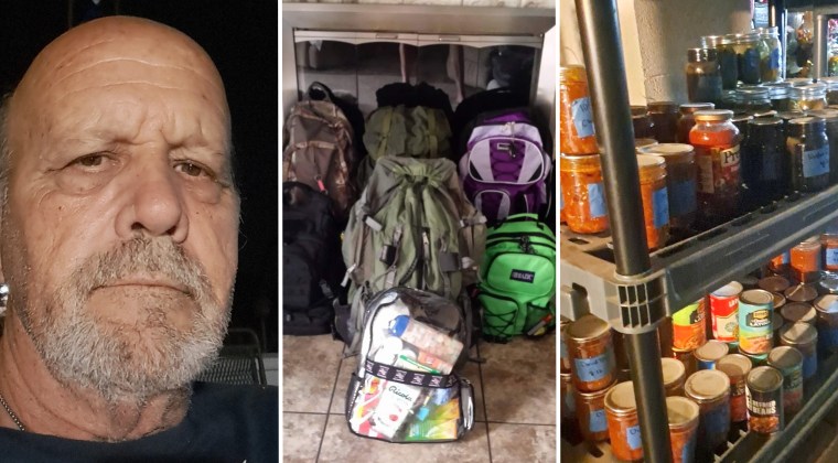 Jerry Katich (left) is prepared with his family’s emergency bags and food storage in his Michigan home.