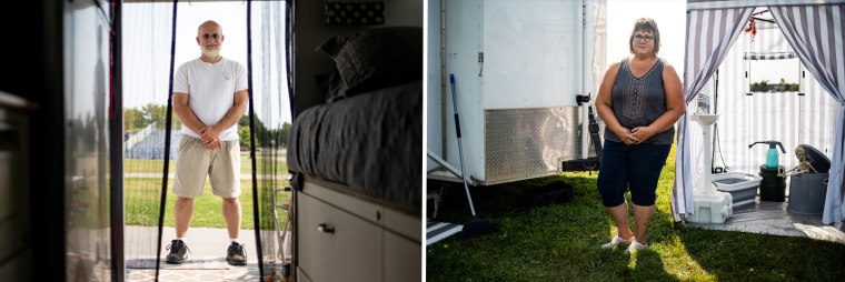 David Boone, left, and Sonya Boone outside of their off-grid trailer on display at the Great Lakes Emergency Preparedness Expo.