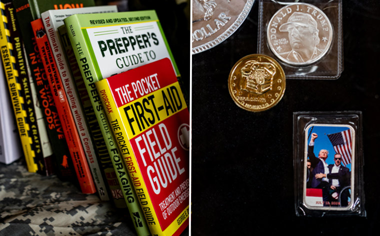 Books on prepping and emergency scenarios on display for purchase, left, and a photo of Donald Trump during an assassination attempt is included in a vendor’s coin collection.